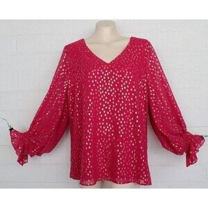 Vince Camuto Large Raspberry Gold Dot Flowy Ruffle Hem Sleeve Top